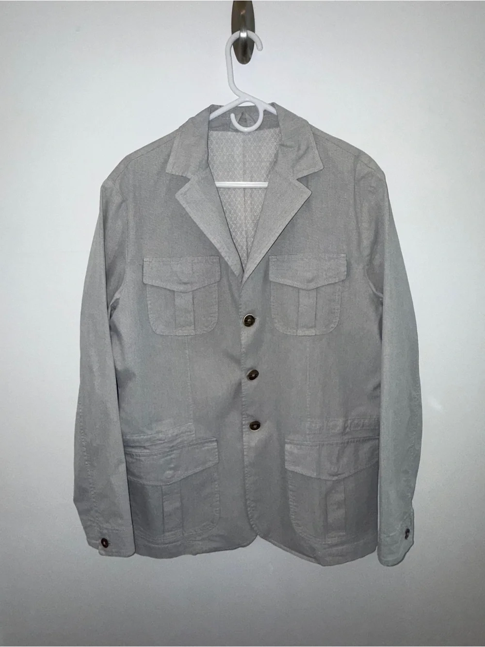 Men's Light Gray Military Field Jacket - Four-Pocket Utility Blazer